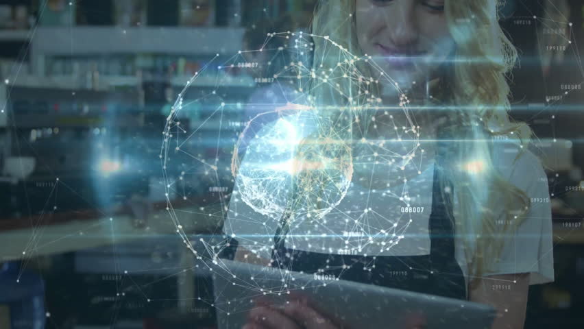 Barista tapping tablet in coffee-shop tech, visualizing network data on rotating hologram globe. Futuristic, collaboration, digital, innovation, high-tech, workspace, analytics - Powered by Shutterstock - Get 15% off with code: PIKWIZARD15