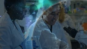 Woman transferring lab sample with pipette initiating globe graphic and man using microscope. Scientists, laboratory, research, innovation, precision, collaboration, molecular - Powered by Shutterstock - Get 15% off with code: PIKWIZARD15