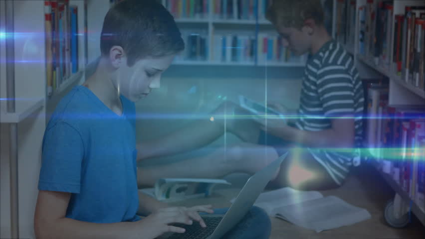 Boy opening laptop and activating network nodes animation weaving across textbook in library study. Technology, collaboration, education, innovation, digital, learning, youth - Powered by Shutterstock - Get 15% off with code: PIKWIZARD15