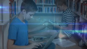 Boy opening laptop and activating network nodes animation weaving across textbook in library study. Technology, collaboration, education, innovation, digital, learning, youth - Powered by Shutterstock - Get 15% off with code: PIKWIZARD15
