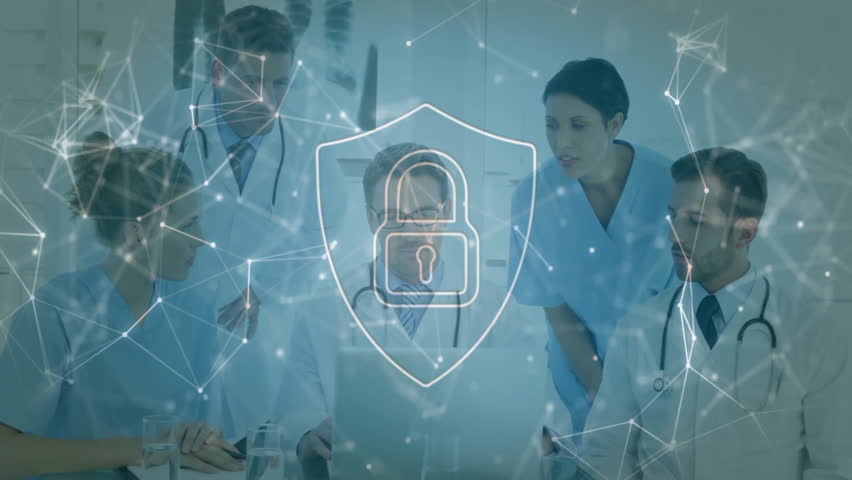 Medical team leaning over laptop as network and lock appear, pointing chart, scrolling data smiling. Collaboration, cybersecurity, healthcare, technology, professionalism, innovation, communication