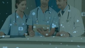 Nurse pointing at tablet, clinician swiping data while icons appearing, doctor nodding in consensus. Medical team, digital health, collaboration, healthcare technology, clinical workflow, professional - Powered by Shutterstock - Get 15% off with code: PIKWIZARD15