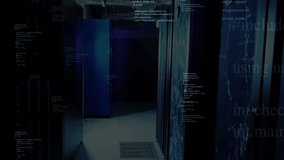 Dimly lit data center corridor until frame two fading and scrolling code overlays showing data flow. Technology, cybersecurity, digital, network, infrastructure, futuristic, innovation - Powered by Shutterstock - Get 15% off with code: PIKWIZARD15