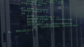 Opening server rack view initiating code scrolling upward demonstrating C++ geometry HTTP routines. Technology, data center, cybersecurity, code, networking, circuit, digital - Powered by Shutterstock - Get 15% off with code: PIKWIZARD15