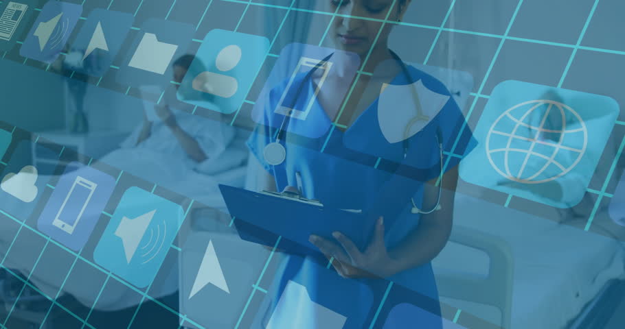 nurse reviewing notes, observing health icons after grid appearing, and monitoring patients smiling. Healthcare, digital health, patient care, medical technology, hospital, telemedicine, clinical
