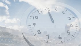 Upon playback transparent clock rotating hands advancing fast to show time flow over urban skyline. Time lapse, urban environment, modern architecture, futuristic, cityscape, horizon, motion - Powered by Shutterstock - Get 15% off with code: PIKWIZARD15