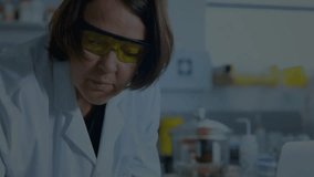 female scientist leaning over bench, examining sample and initiating floating DNA helix in genetics. Research, innovation, biotechnology, analysis, precision, diagnostics, laboratory - Powered by Shutterstock - Get 15% off with code: PIKWIZARD15