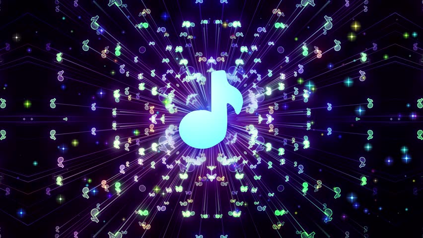 Dynamic Musical Energy Glowing Notes Radiating Light and Rhythm in a Vibrant Abstract Visualizer,Abstract Musical Symbol surrounded by Glowing Particles.Vibrant Light Trails Emanating from a Central