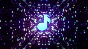 Dynamic Musical Energy Glowing Notes Radiating Light and Rhythm in a Vibrant Abstract Visualizer,Abstract Musical Symbol surrounded by Glowing Particles.Vibrant Light Trails Emanating from a Central - Powered by Shutterstock - Get 15% off with code: PIKWIZARD15