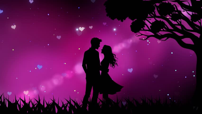 Romantic Couple Silhouette Under Sparkling Hearts Tree A Dreamy Love Celebration Background,Romantic Couple in Heart Outline with Falling Hearts.Silhouetted Lovers Under a Tree with Glowing Heart Aura