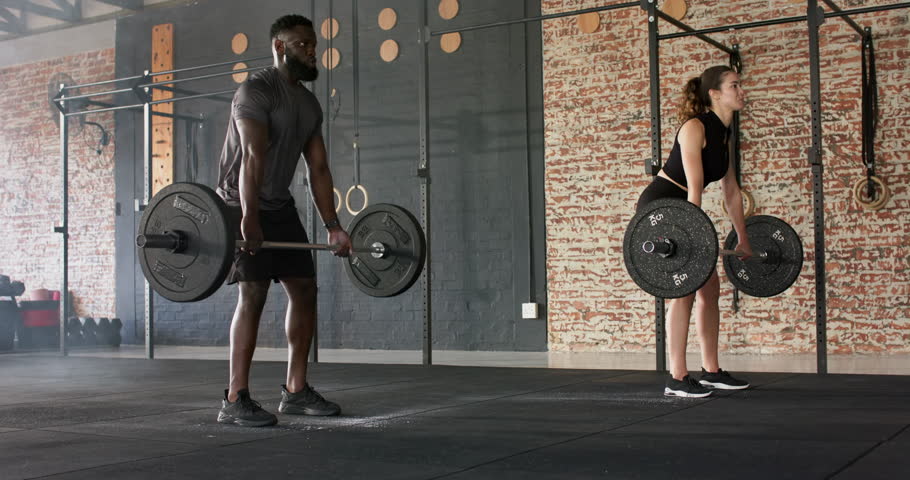 Diverse workout partners starting hip-hinge in gym, deadlifting loaded barbells for strength. Fitness, strength, collaboration, training, athleticism, performance, urban