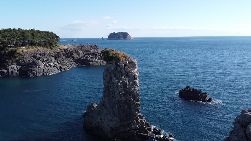 Top View Circular Drone Shot of Oedolgae Rock on Jeju Olle Trail, South Korea