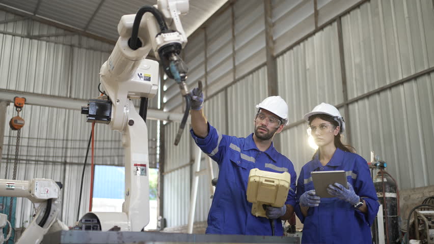 Blue collar workers at machine shop with welding robot arm. Factory and machinery.
