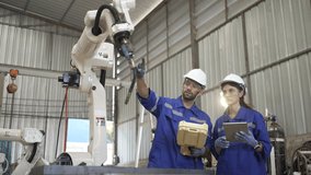 Blue collar workers at machine shop with welding robot arm. Factory and machinery. - Powered by Shutterstock - Get 15% off with code: PIKWIZARD15