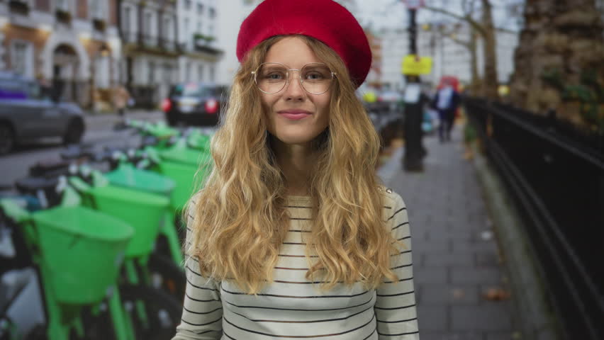 Woman uses her finger for pointing at the busy street while a blonde young traveler in a red beret and glasses explores an urban city scene.
