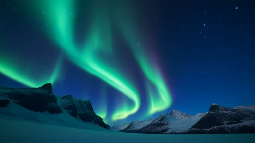 Stunning aurora borealis swirls above snow-covered mountains and frozen fjords under a starry night sky in a breathtaking Arctic landscape. 4K