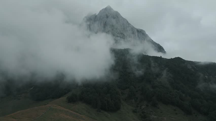 Aerial view of mountain peaks shrouded in mist, with lush green forests clinging to the slopes in a symphony of nature