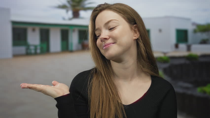 Smiling woman standing and presenting hand at building entrance during bright daylight outdoors; warm invitation.
