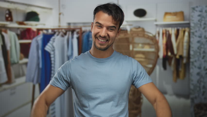 Young hispanic man smiling inside clothing store showcasing retail environment vibrant with fashion options and modern style.