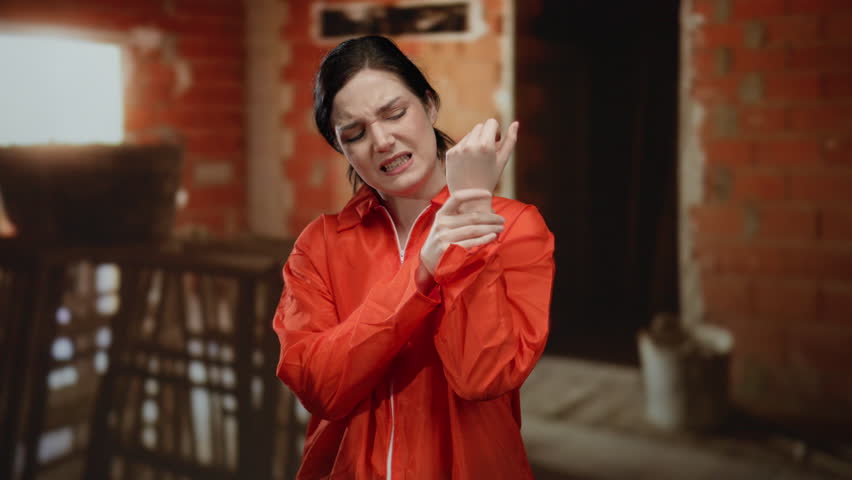 Woman in orange jumpsuit at construction site feeling discomfort with wrist in unfinished brick building.