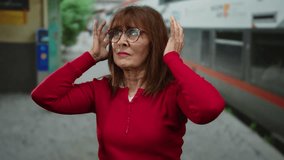 Elderly woman wearing glasses in a red sweater holding her head at a train station with a moving train in the background creating an outdoor urban scene. - Powered by Shutterstock - Get 15% off with code: PIKWIZARD15