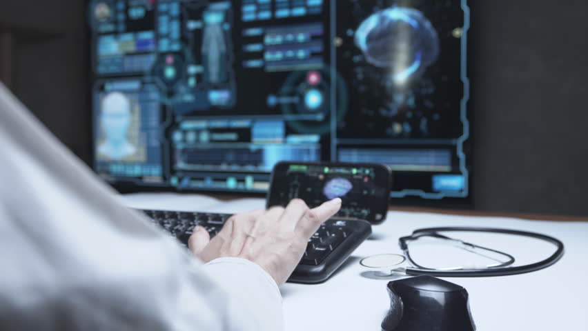 Doctor Using Mobile Device and Computer with Medical Interface – Brain Scan, Digital Healthcare, Telemedicine, AI Diagnosis, Smart Hospital, Modern Health Technology, Futuristic Medicine, Data Analysi