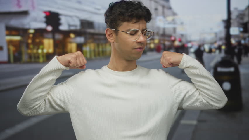Man in white sweater wearing glasses flexes muscles and clenches fists on city street during daytime; confidence.