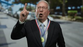 Senior man in a suit points upward with thumbs up, wearing a medal on a sunny street, expressing surprise outdoors. - Powered by Shutterstock - Get 15% off with code: PIKWIZARD15