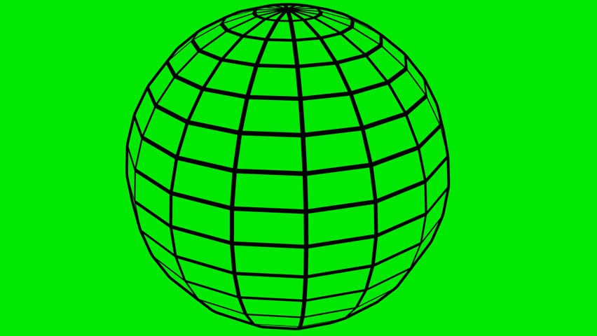 Black 3D wireframe sphere rendered over a vibrant green chroma key background. Ideal for use in digital graphics, animation, 3D modeling presentations, or Halloween sci-fi visual effects.