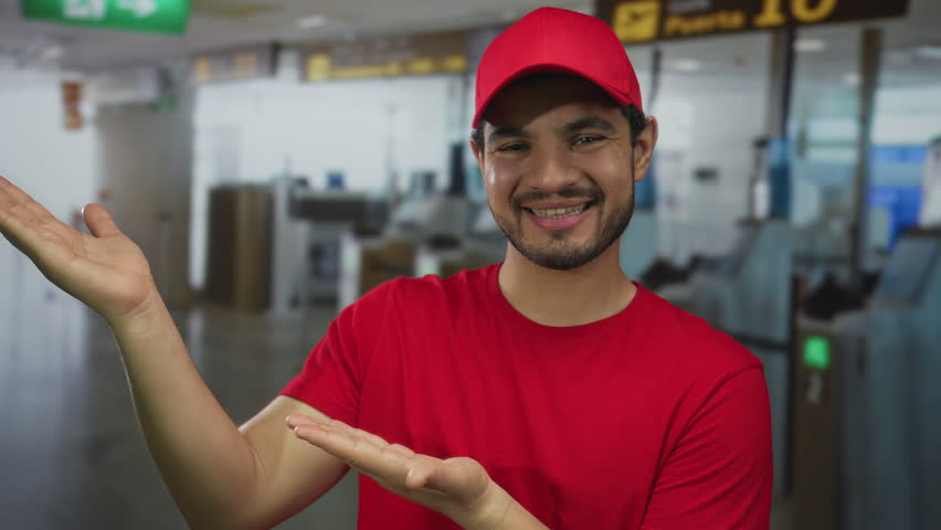 Man in red cap and shirt gestures with open hands in busy airport terminal near checkin kiosks; friendly service warmth hospitality.
