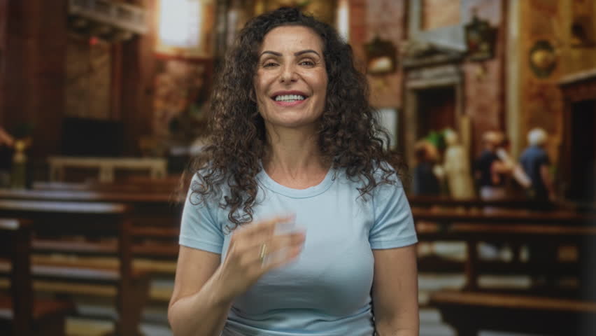 Woman covers mouth with hand gesture while surprised expression stands before church benches inside stone building; surprise.