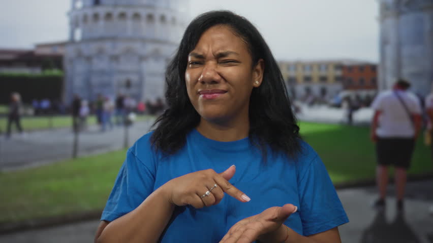 African american woman gesturing with hands near the leaning tower of pisa building on a sunny outdoor plaza; enthusiasm.