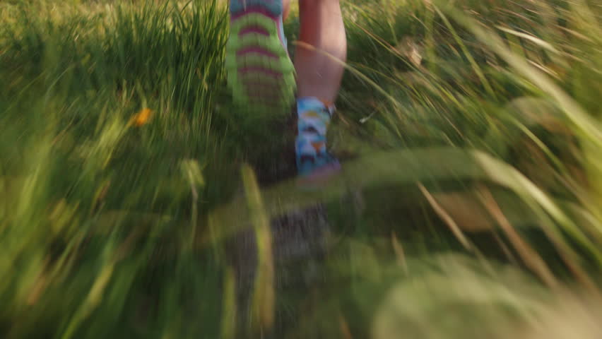 Runner navigating a grassy trail in a panning shot, showcasing endurance and joy in cross-country running. Blurred background emphasizes speed and focus, highlighting athletic dedication outdoors.