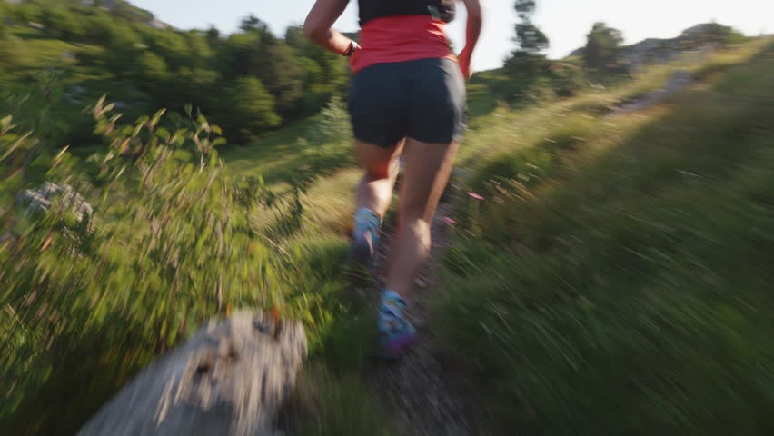 A focused female runner in athletic gear sprints on a scenic trail, showcasing endurance and determination amidst a lush, green landscape, capturing the joy of cross-country running.