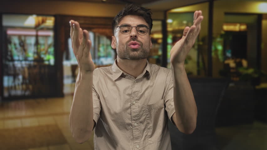 Young hispanic man with glasses and beige shirt blows kiss with hand in hotel building; romantic affection.
