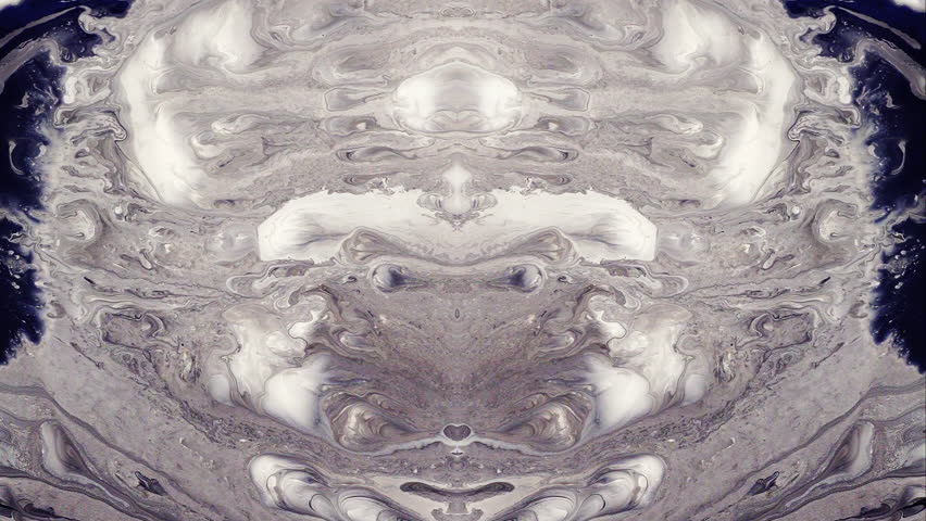 Abstract background of flowing and blending acrylic paint of different colors in dark gray tones with a mirror kaleidoscope effect. Concept of Rorschach psychological test. 4K time-lapse video.