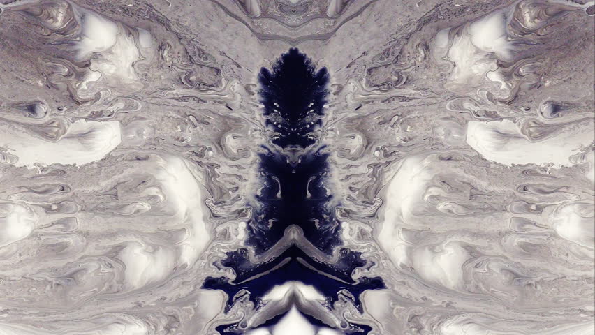 Abstract background of flowing and blending acrylic paint of different colors in dark gray tones with a mirror kaleidoscope effect. Concept of Rorschach psychological test. 4K time-lapse video.