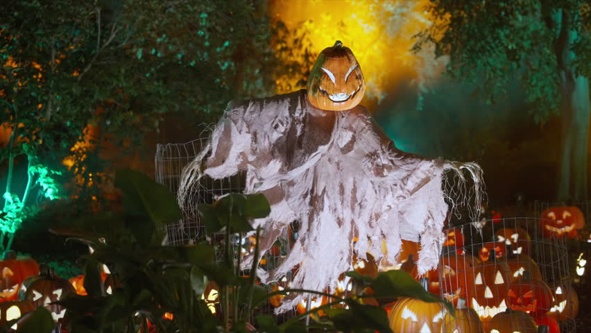 Imagine a spooky pumpkin scarecrow among intricately carved jackolanterns, creating the perfect Halloween vibe with vibrant, flickering lights for everyone to enjoy this spooky season