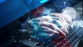 Hands typing on laptop keyboard with financial data, stock market graphs, and global analytics overlay for fintech and investment themes. - Powered by Shutterstock - Get 15% off with code: PIKWIZARD15