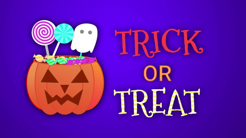 "Trick or Treat" text animation with a cartoon pumpkin bucket full of candy. This fun, colorful graphic on a purple background is perfect for Halloween greetings and kids' party invitations.