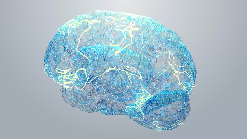 Futuristic 3D Brain Animation with Glowing Neural, Electric Pulses and Data Nodes. Modern Concept for AI, Tech, Innovation, Neuroscience and Digital Intelligence. Abstract Science Bright Background 4k