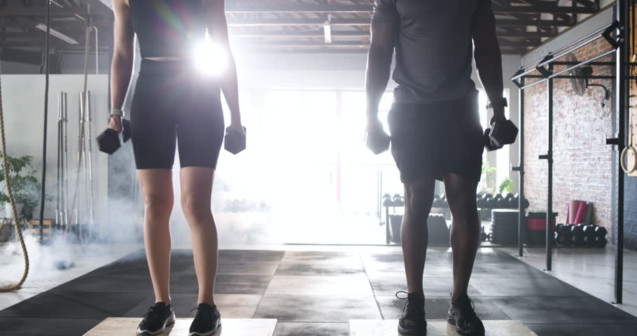 Diverse workout partners holding dumbbells starting step-up on boxes in gym to build leg strength. Fitness, teamwork, strength, athleticism, training, motion, motivation
