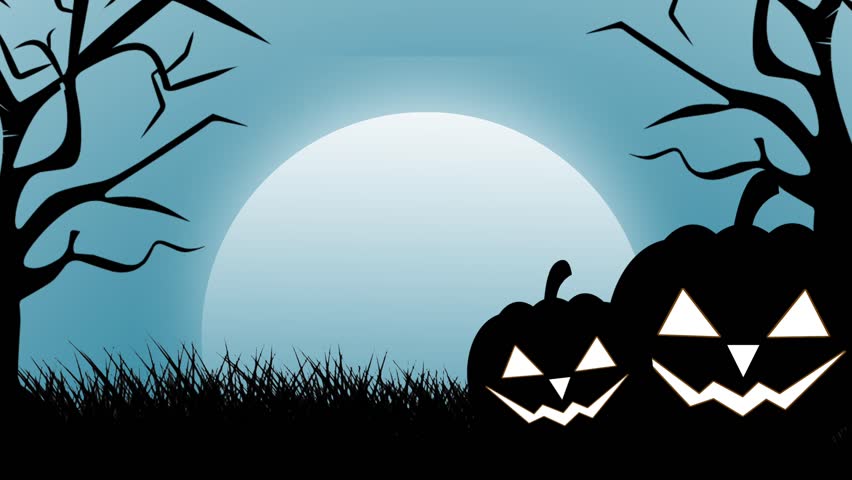Spooky Halloween silhouette animation. Glowing pumpkins and a full moon appear against a blue night sky. Great for festive intros, backgrounds, and social media visuals.