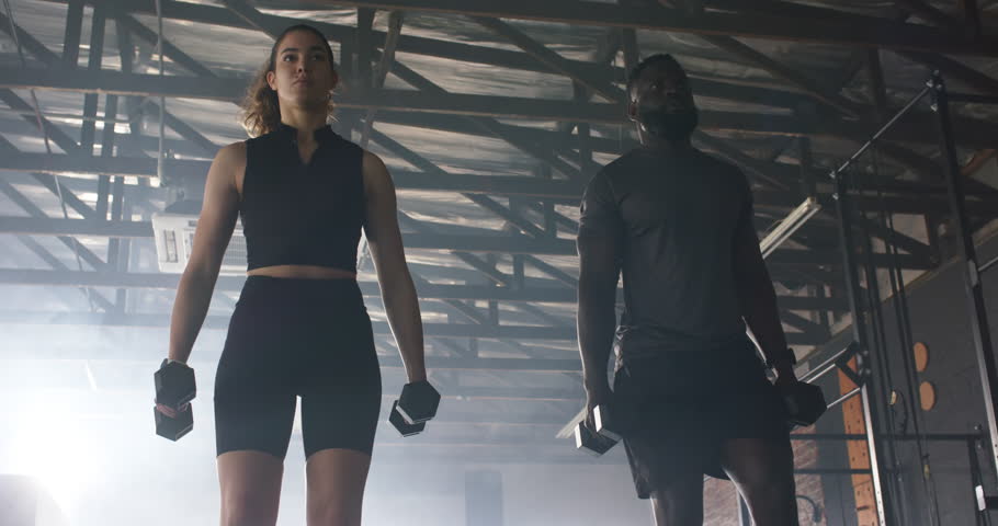 Diverse workout partners using dumbbells for step-ups on plyometric boxes at gym for strength. Fitness, strength, teamwork, industrial, training, endurance, resilience