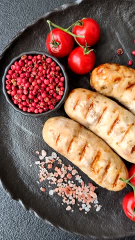 Grilled chicken or beef sausages, a hot meat dish cooked over a fire. Barbecued sausages