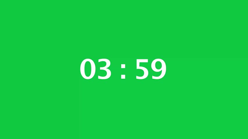 Digital countdown timer with a green screen background. Time counts down from 4 minute to 3 minute.
