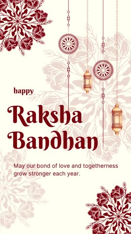 Elegant Raksha Bandhan greeting video with red-gold floral design and lanterns. Best for short wishes, Instagram reels, or WhatsApp statuses expressing love and tradition between brothers and sisters.