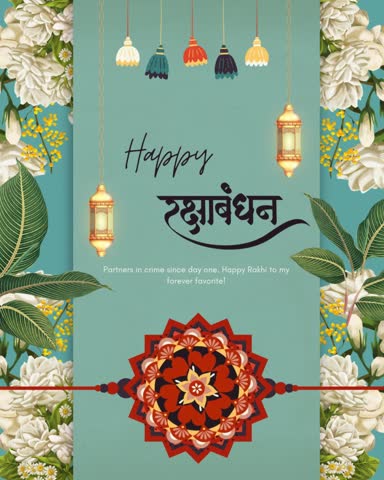 Warm Raksha Bandhan greeting video with floral design, mandala, and lanterns in a peach-green palette. Ideal for festive reels, wishes, and sibling bond celebrations.