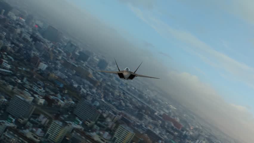 Fighter Jet Soaring Above the City Skyline