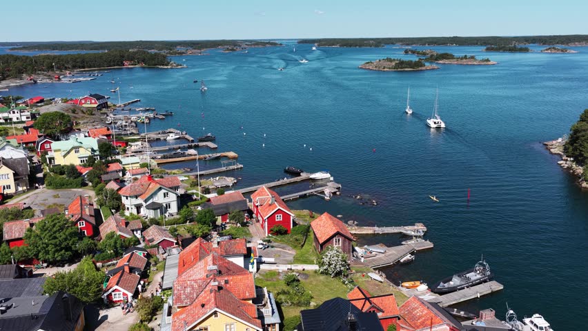 Sandhamn island in Sweden, aerial views, sunny afternoon in a fishing village in Sweden in Stockholm archipelago